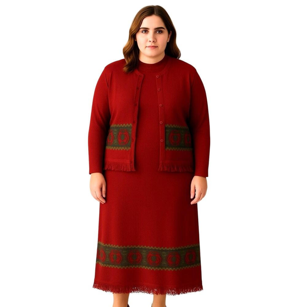 Vintage Red knit sweater Dress Cardigan Set large coastal grandma cottagecore L